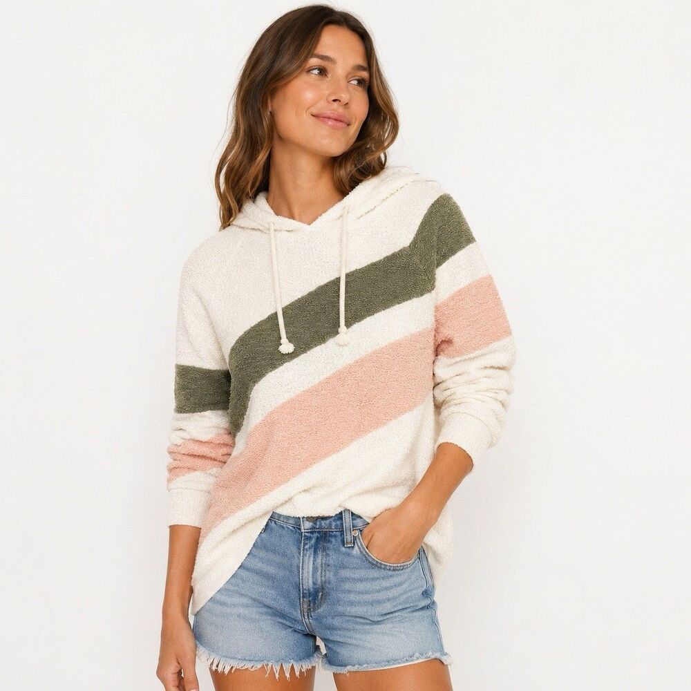 Faherty Vista Reverse Terry Knit Hoodie L Ivory Multi Colorblock Coastal Beachy